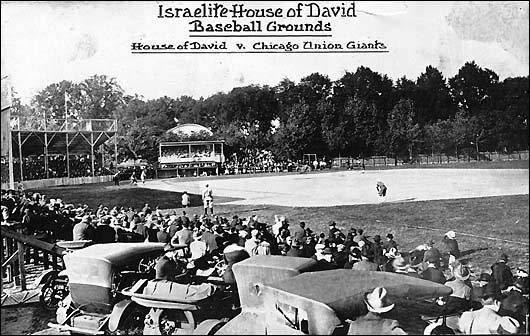 Israelite House of David vs. the Chicago Union Giants, a famous Black leagues team. Picture from the 1920s at the House of David ballpark on the colony grounds.