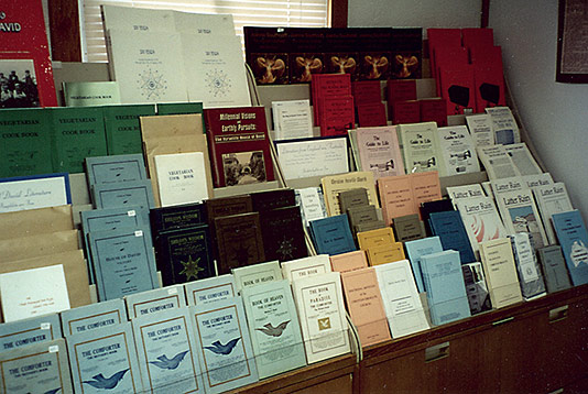 The giftshop literature display includes printed materials covering the inspirational writings from Jane Leade's, Ascent to the Mount of Vision, 1699, through the most recent publications from England on the life of Joanna Southcott. The Panacean Society (Southcott, England), New and Latter House of Israel, (James Jezreel, England and Washington State), the Christian Israelite Church (John Wroe, Sydney), and the colony's printed materials are all available. Many publications are free pamphlets, while other selections are priced volumes. It represents the largest collection of published materials, inclusive of the most notable congregations of the Christian-Israelite movement, for sale in the world. Many tour groups that visit are amazed at the deep religious roots that span over 3 1/2 centuries and have influenced a number of renown religious congregations of today's Christianity.
