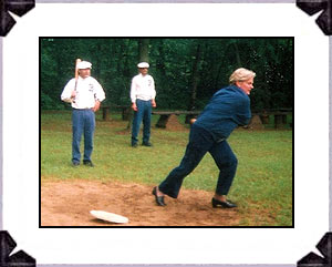 Michigan Governor, Jennifer Granholm, visits Mary's City of David on her 'Hidden Treasures of Michigan' tour, June 10, 2004. She told 'Captain' Taylor in Lansing, her batting average wasn't so hot, but she could run. Here she is connecting with the ball down to first base. So lightning fast is the Governor that she didn't bother to beat the ball to first. Actually, quite humble and lotsa pzazz...