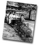 1909 miniature steam locomotive and carriages of the M&B Railroad. Steam engines were built at the House of David, and the carriages by the Baushke family.