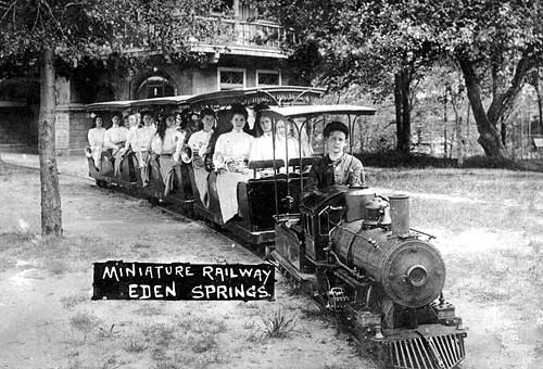 1909 miniature steam locomotive and carriages of the M&B Railroad. Steam engines were built at the House of David, and the carriages by the Baushke family.
