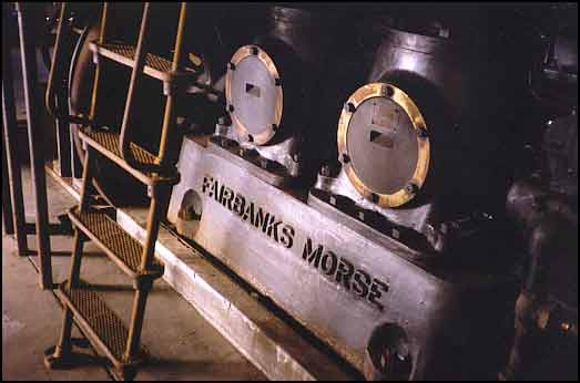 The Fairbanks Morse diesel, 2 cylinder, electrical generator is in the colony powerhouse that is under reconstruction. The smaller back-up generator is being restored for active duty once again as in 1934.