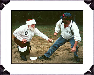 SANTA 'BILL' CLAUS: Bill Swank, historian for the San Diego Padres, joined us at Eastman Field for a match with the Bonneyville Millers. Bill had on his House of David Echoes Santa suit and has now been portrait painted and a figurine has been made of him in the international collection of Santa Claus. We are proud to have him occasionally appear from the north country to help us through a match of his favorite pre-Christmas activity. When you play the Echoes with Santa, 'you better watch out, you better not lie', we're a tellin' Ya why ....