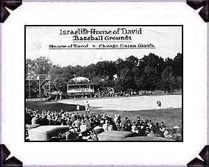 Israelite House of David vs. the Chicago Union Giants, a famous Black leagues team. Picture from the 1920s at the House of David ballpark on the colony grounds.