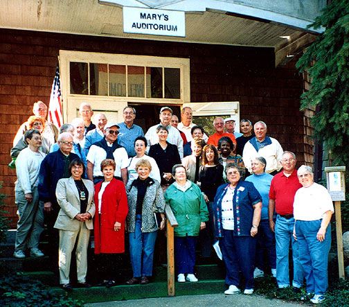 The Benton Harbor Class of 1954 beginning a morning tour from the museum as part of their weekend 50th class reunion.