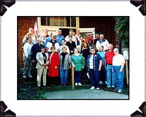 The Benton Harbor Class of 1954 beginning a morning tour from the museum as part of their weekend 50th class reunion.