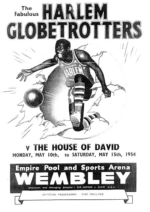 Advertising poster for the week of May 10th, 1954, in London, as George Anderson's House of David basketball team played exhibitions across Europe in their last major touring season.