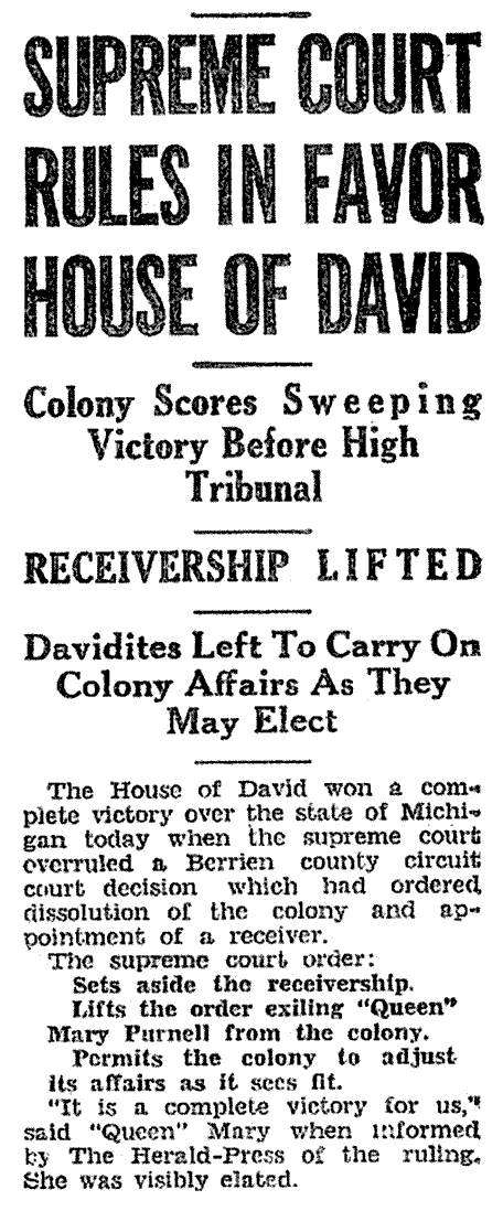 News clipping that heralded the final and crucial religious rights victory at Lansing, not only for the House of David, but for the principles upon which the American constitution was written.