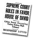 News clipping that heralded the final and crucial religious rights victory at Lansing, not only for the House of David, but for the principles upon which the American constitution was written.