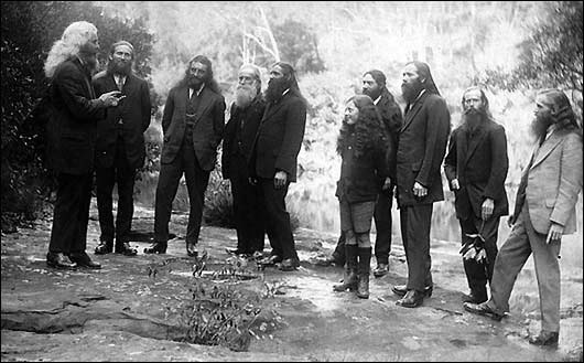 Circa 1920s, Israelite preachers at Sydney, Australia, colony at North Ryde. To the left, leading the sermon is Brother Jimmie Taylor, of the Israelite House of David, who often preached sermons in the Domain at Sydney on Sunday afternoons.
