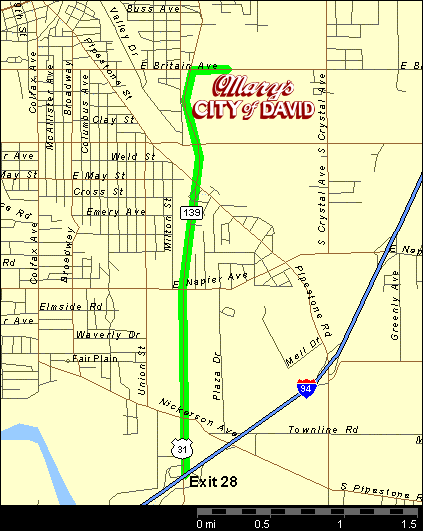 Street map level detailing highway exits, approximate mileage, and more.